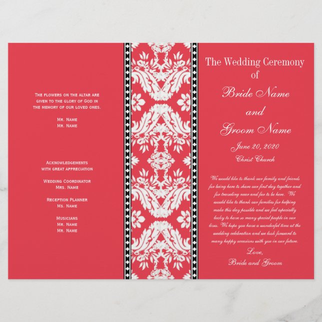 Red White Damask Hochzeitsprogramm (Vorderseite)