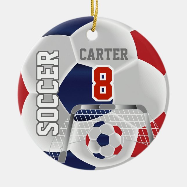 Red, White & Dark Blue Personalize Soccer ⚽ Ball Keramik Ornament (Vorne)