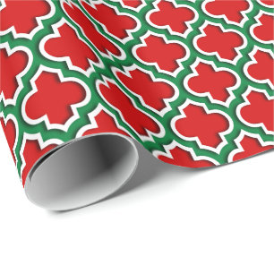 Red White Dark Green LG marokkanisches Quatrefolie Geschenkpapier