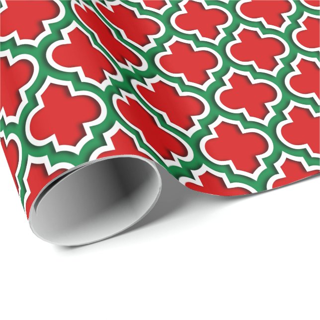 Red White Dark Green LG marokkanisches Quatrefolie Geschenkpapier (Rolleneckpunkt)