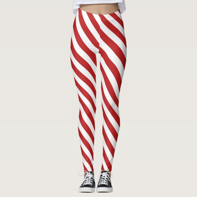 Red White Diagonal Candy Cane Stripes Holiday Leggings (Vorderseite)