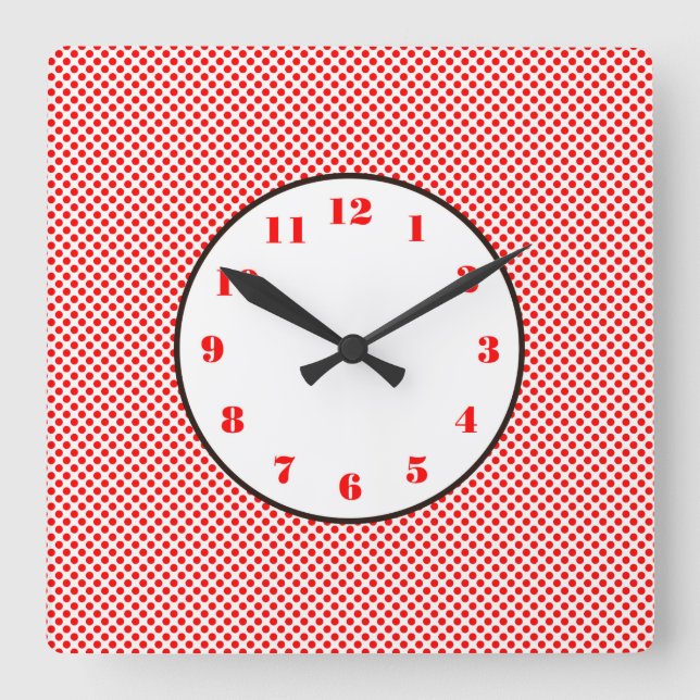 Red White Dots Black Trim Quadratische Wanduhr (Vorderseite)
