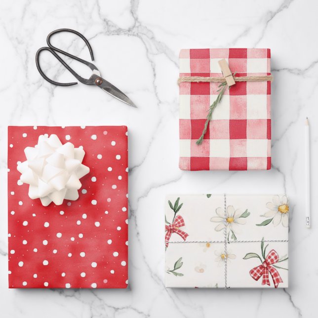 Red White Dots Daises Floral Plaid Birthday Geschenkpapier Set (Vorderseite)