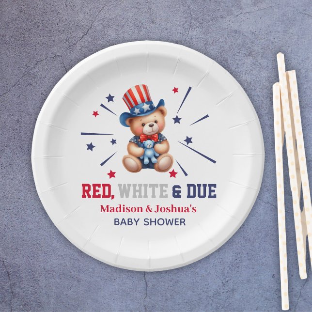 Red White Due Bear 4. Juli Babydusche Pappteller (Red White Due Bear 4th Of July Baby Shower Paper Plates
)