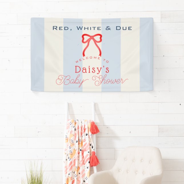 Red White & Due Blue Bow Stripes Boy Baby Shower Banner (Insitu)