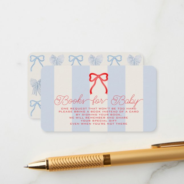 Red White & Due Bow Blue Stripes Baby Book Request Begleitkarte (Vorderseite/Rückseite Beispiel)