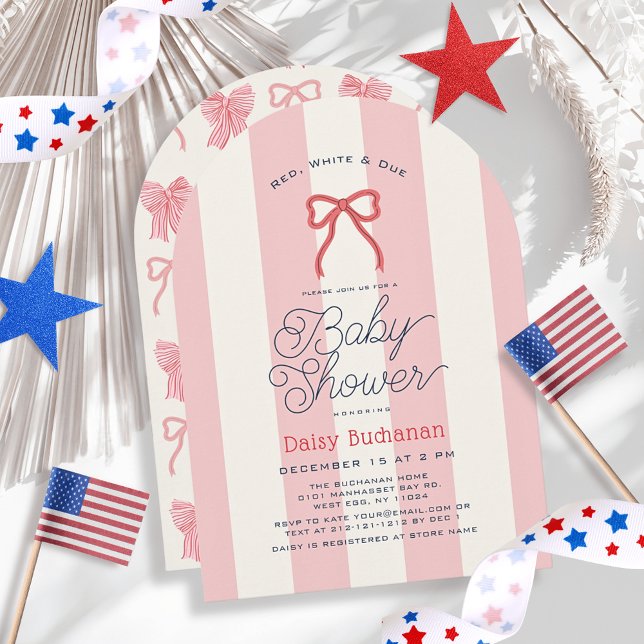 Red White & Due Bow Stripes Girl Baby Shower Einladung (Von Creator hochgeladen)