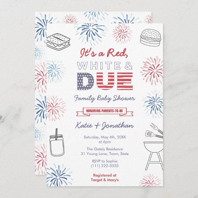 Red White Due Family Baby Dusche Party am 4. Juli  Einladung (Vorne/Hinten)
