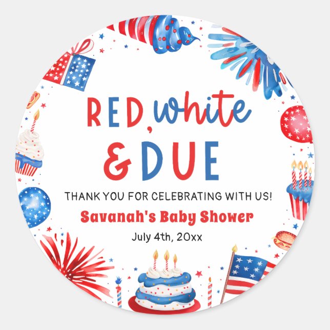Red, White & Due Gender Neutral Baby Shower Runder Aufkleber (Vorderseite)