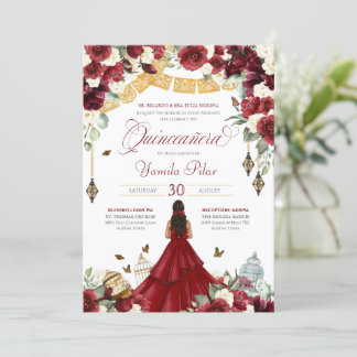 Red White Elegant Floral Butterfly Quinceanera V3 Einladung