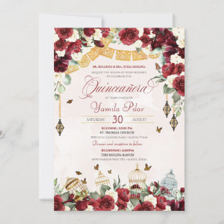 Red White Elegant Floral Butterfly Quinceanera V6  Einladung