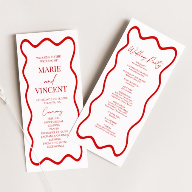 Red White Elegant Wavy Border Wedding Programm (Von Creator hochgeladen)