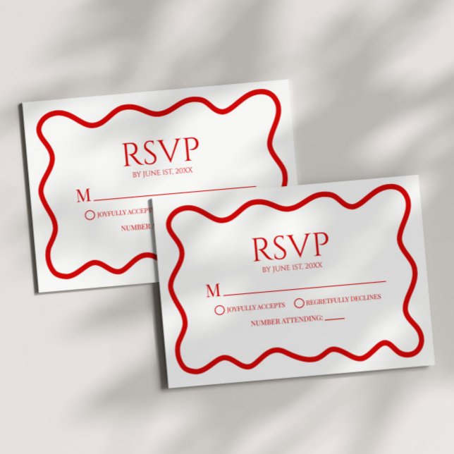 Red White Elegant Wavy Border Wedding RSVP Card (Von Creator hochgeladen)