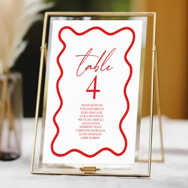 Red White Elegant Wavy Border Wedding Tischnummer (Von Creator hochgeladen)