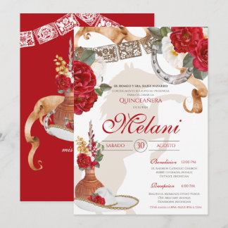 Red White Elegante Rose Charro Mariachi Quinceaner Einladung