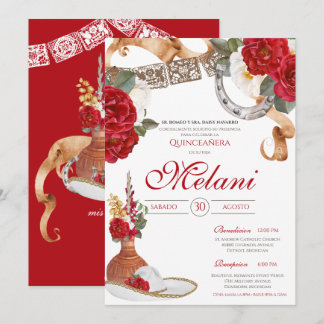 Red White Elegante Rose Charro Mariachi Quinceaner Einladung