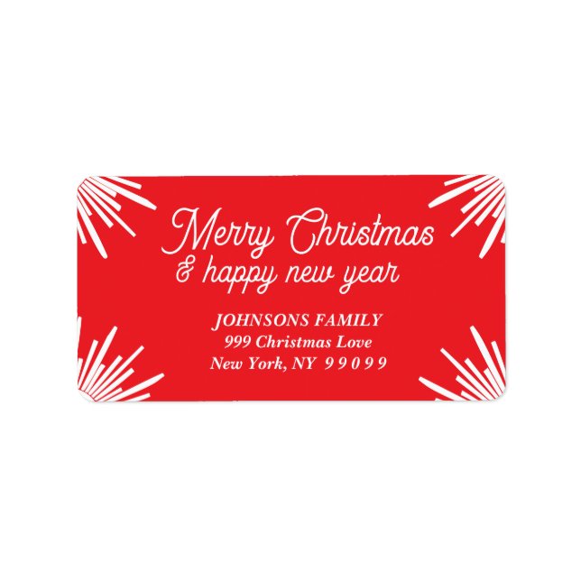 Red White Festive Merry Christmas Rays cursive tex Adressaufkleber (Vorne)