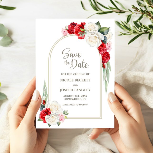 Red White Floral Arch Wedding Save the Date (Von Creator hochgeladen)