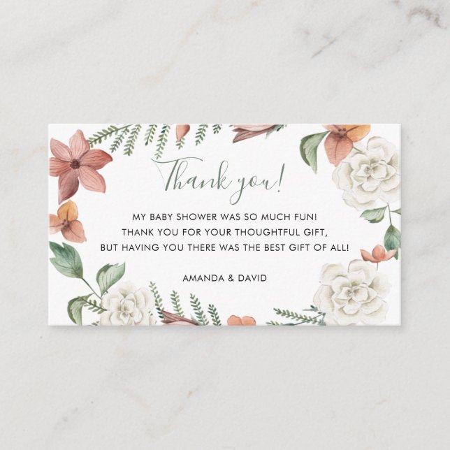 Red White Floral Baby in Bloom Dusche Danke Begleitkarte (Vorderseite)