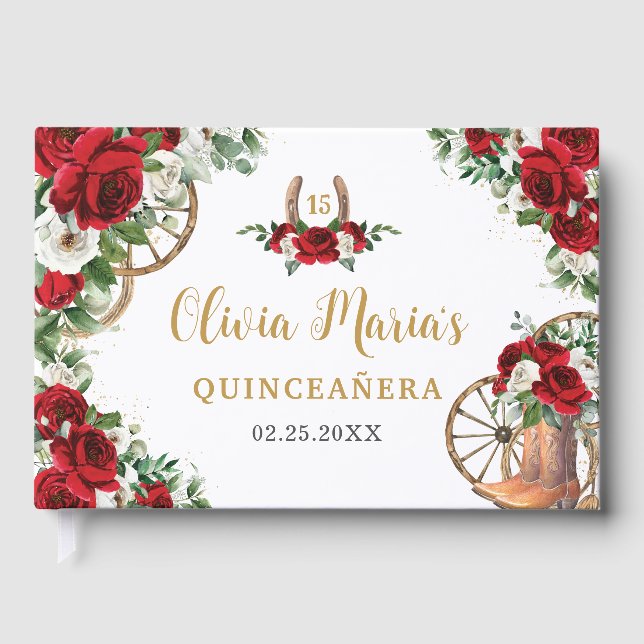 Red White Floral Charro Cowboy Boots Quinceanera Gästebuch (Vorderseite)