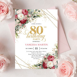 Red white floral chic 80th birthday invitation einladung