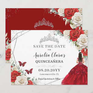 Red White Floral Dress Silver Quinceanera Sweet 16 Save The Date