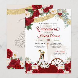 Red White Floral Elegante Gold - Charro Quinceaner Einladung