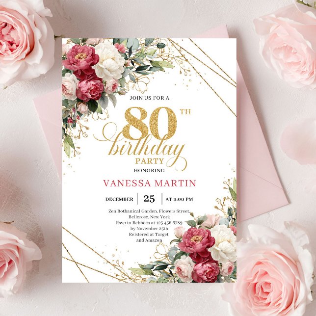 Red white floral gold accent card 80th birthday  einladung (Red white floral gold accent card 80th birthday invitation

)