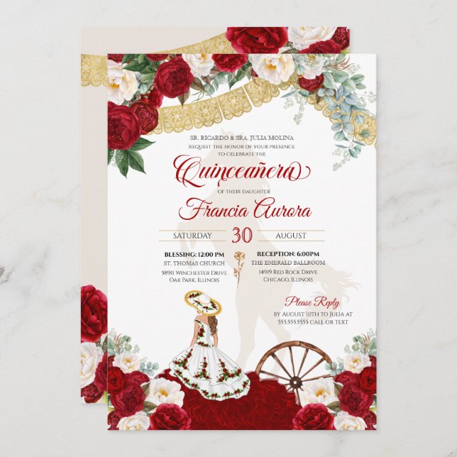 Red White Floral & Gold Elegante Charro Quinceaner Einladung (Vorne/Hinten)