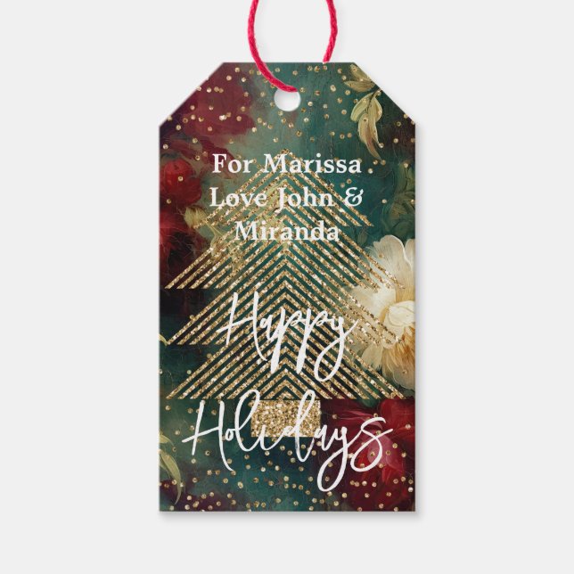 Red White Floral Gold Glitzer Tree Geschenkanhänger (Vorderseite)