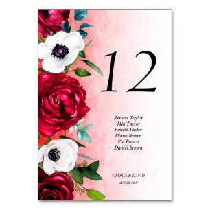 Red White Floral Wedding Tischnummer Card