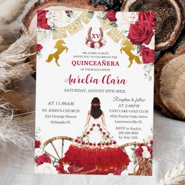 Red White Floral Wild West Charro Quinceañera XV Save The Date (quinceanera-mis-quince-charro-western-boots-horses-red-roses-floral-birthday-party-invitation)
