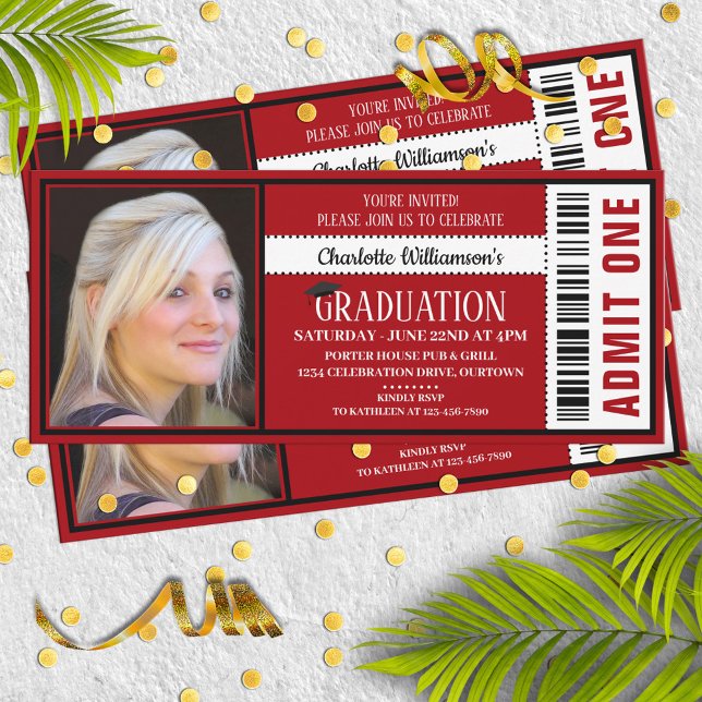 Red|White Foto Ticket Graduation Party Einladung (Von Creator hochgeladen)