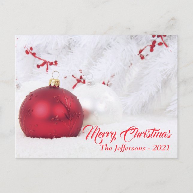 Red & White Frohe Weihnachtsballes Ornamente Postkarte (Vorderseite)