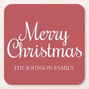 Red White Frohe Weihnachtsfamilie Name Rechteckiger Pappuntersetzer