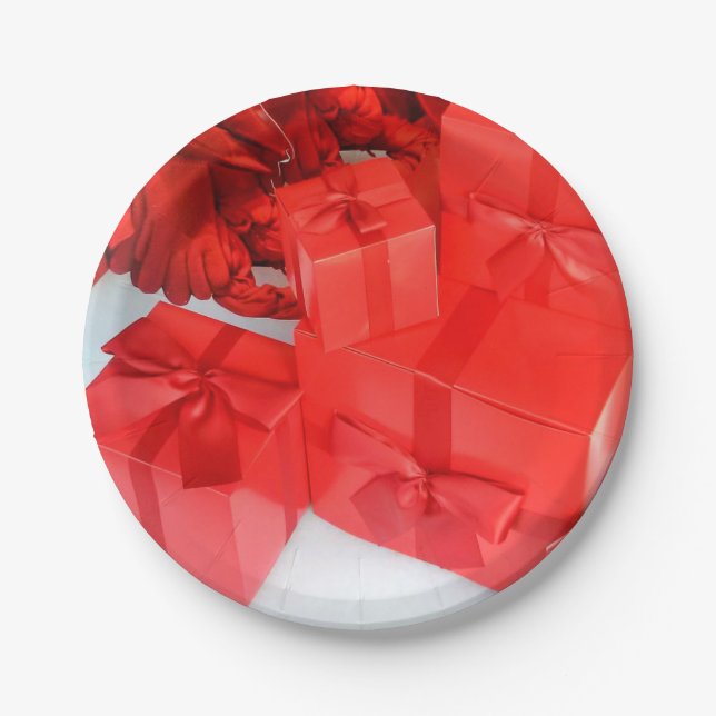 Red White Frohe Weihnachtsgeschenke Paper Teller (Vorderseite)