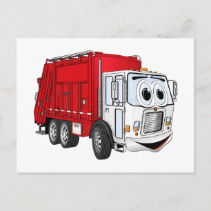Red White Garbour Truck Cartoon Postkarte