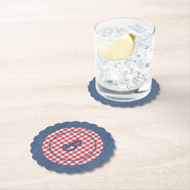 Red & White Gingham, Blue Denim Print, Initial (6) Untersetzer (Vor Ort)