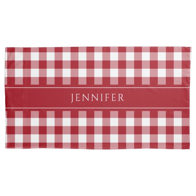 Red & White Gingham Farmhouse Muster Name Pillow Kissenbezug (Vorderseite)