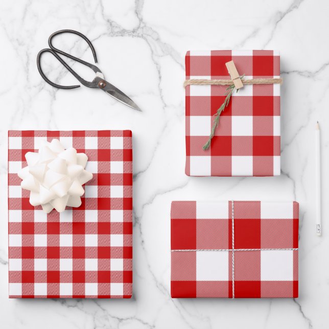 Red & White Gingham Karo 3 Größen Glossy Geschenkpapier Set (Vorderseite)