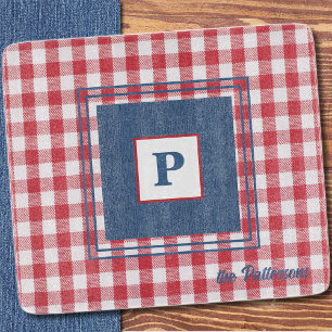 Red & White Gingham Karo, Blue Denim Glass Schneidebrett