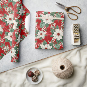 Red White Gingham Karo Floral Poinsettia Pattern Geschenkpapier