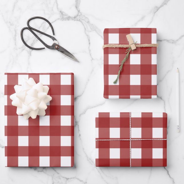 Red White Gingham Karo Kariert Geschenkpapier Set (Vorderseite)