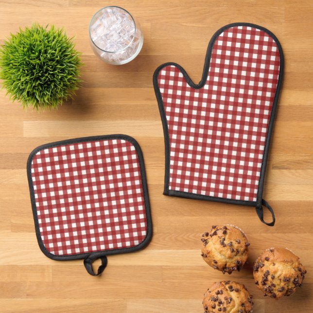 Red White Gingham Karo Kariert Ofenhandschuh & Topflappen-Set (Oben Unten)