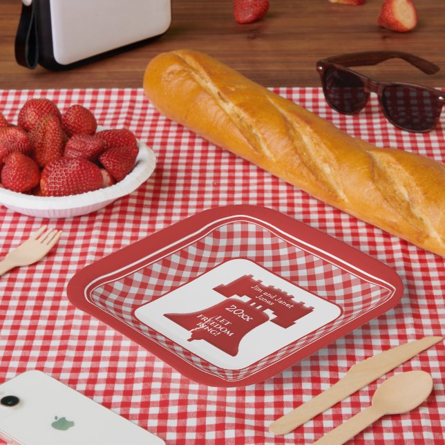 Red White Gingham Liberty Bell Lasse Freiheitsring Pappteller (Picknick)
