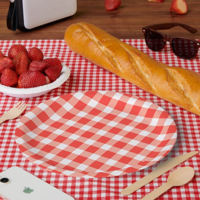 Red White Gingham Pattern Pappteller (Picknick)