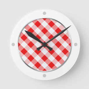 Red & White Gingham Pattern Wall Clock Runde Wanduhr
