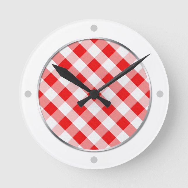 Red & White Gingham Pattern Wall Clock Runde Wanduhr (Vorderseite)