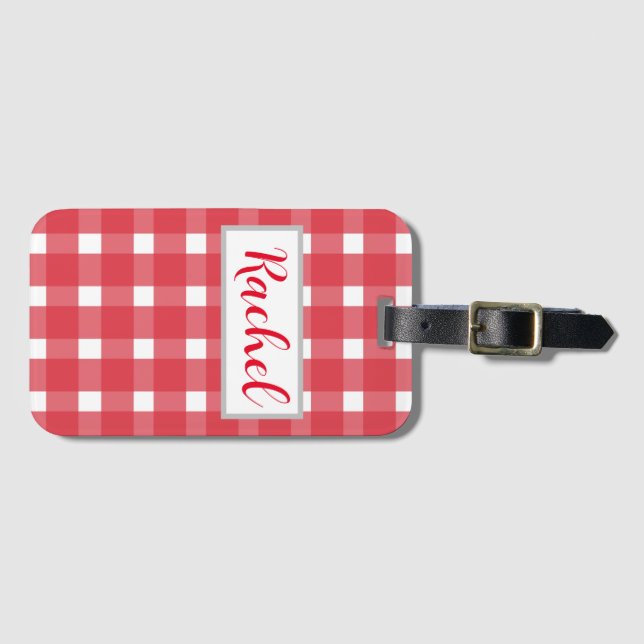 Red White Gingham Personalisiert Gepäckanhänger (Vorderseite (Horizontal))