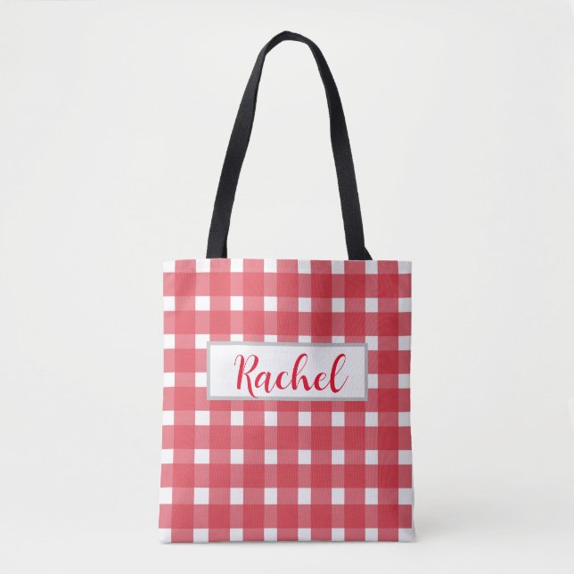 Red White Gingham Personalisiert Tote Bag (Vorderseite)
